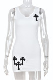 White Fashion Sexy Print Basic U Neck Vest Dress
