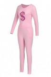 Pink Fashion Casual Print Basic O Neck Long Sleeve Two Pieces