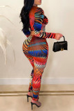 Red Sexy Print Patchwork Asymmetrical O Neck Long Sleeve Two Pieces