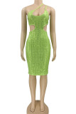 Green Sexy Solid Hollowed Out Sequins Patchwork Asymmetrical Spaghetti Strap One Step Skirt Dresses