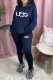 Tibetan Blue Fashion Sportswear Print Letter Hooded Collar Long Sleeve Two Pieces