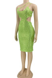 Green Sexy Solid Hollowed Out Sequins Patchwork Asymmetrical Spaghetti Strap One Step Skirt Dresses