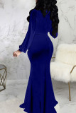 Blue Sexy Solid Split Joint V Neck Dresses