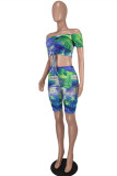 Green Fashion Casual Print Tie Dye Draw String Backless Off the Shoulder Short Sleeve Two Pieces