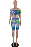 Green Fashion Casual Print Tie Dye Draw String Backless Off the Shoulder Short Sleeve Two Pieces