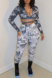 Black Fashion Sexy Print Bandage V Neck Long Sleeve Two Pieces