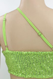 Green Sexy Solid Hollowed Out Sequins Patchwork Asymmetrical Spaghetti Strap One Step Skirt Dresses