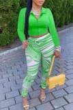 Green Sexy Print Patchwork Zipper Turndown Collar Long Sleeve Two Pieces