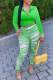 Green Sexy Print Patchwork Zipper Turndown Collar Long Sleeve Two Pieces