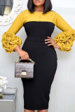 Yellow Casual Solid Patchwork Slit Fold O Neck One Step Skirt Dresses