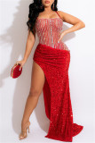 Red Fashion Sexy Patchwork Hollowed Out Backless Asymmetrical Spaghetti Strap Evening Dress