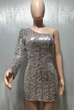 Silver Fashion Patchwork Sequins One Shoulder Pencil Skirt Dresses
