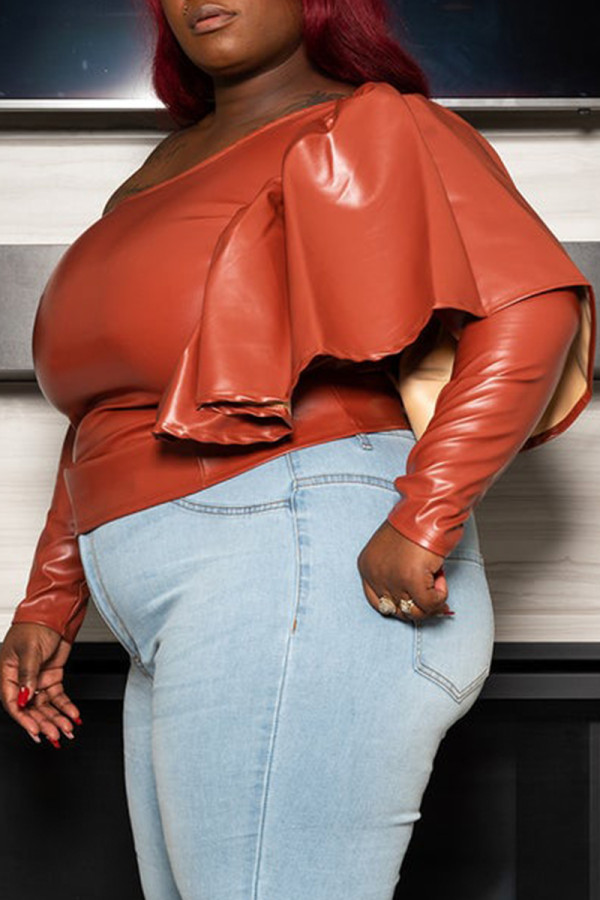 Brown Plus Size Solid Flounce Off the Shoulder Tops