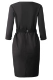 Black Casual Solid Patchwork Slit Beading With Belt O Neck One Step Skirt Dresses