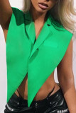 Green Sexy Solid Split Joint Buttons Turn-back Collar Tops