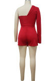 Burgundy Sexy Solid Patchwork One Shoulder Skinny Rompers