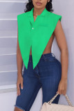 Green Sexy Solid Split Joint Buttons Turn-back Collar Tops
