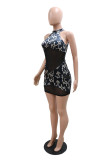 Black Fashion Sexy Print Patchwork See-through Turtleneck Sleeveless Dress