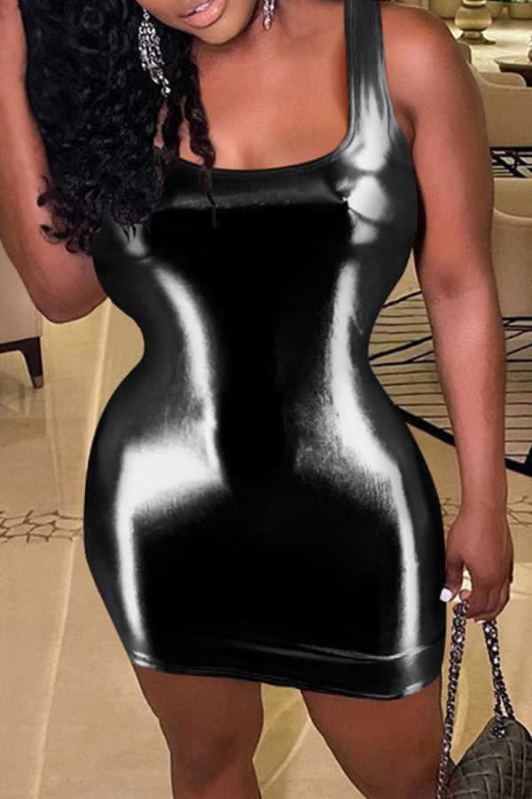 Black Fashion Sexy Solid Basic U Neck Vest Dress