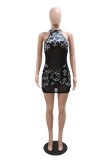Black Fashion Sexy Print Patchwork See-through Turtleneck Sleeveless Dress