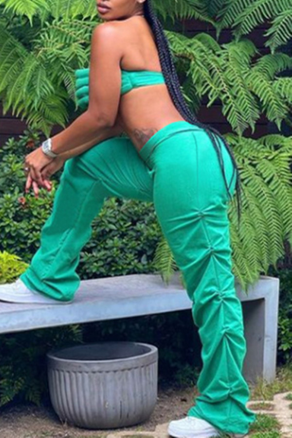 Green Fashion Casual Solid Fold Regular High Waist Trousers