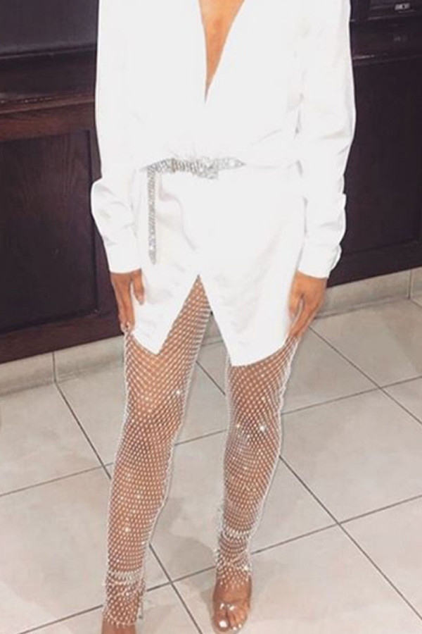 White Sexy Hollowed Out Patchwork See-through Rhinestone Regular Mid Waist Pencil Patchwork Bottoms