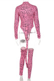 Pink Fashion Sexy Print Leopard Hollowed Out Frenulum O Neck Long Sleeve Two Pieces