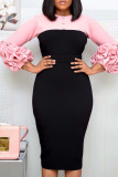 Pink Casual Solid Patchwork Slit Fold O Neck One Step Skirt Dresses