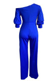 Blue Casual Solid Split Joint Oblique Collar Straight Jumpsuits