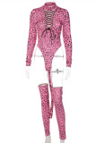 Pink Fashion Sexy Print Leopard Hollowed Out Frenulum O Neck Long Sleeve Two Pieces