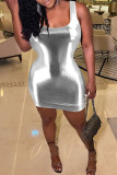 Gold Fashion Sexy Solid Basic U Neck Vest Dress