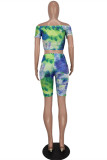 Green Fashion Casual Print Tie Dye Draw String Backless Off the Shoulder Short Sleeve Two Pieces