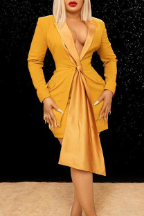 Yellow Sexy Solid Split Joint Turn-back Collar Long Sleeve Two Pieces