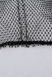 White Sexy Hollowed Out Patchwork See-through Rhinestone Regular Mid Waist Pencil Patchwork Bottoms