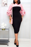 Pink Casual Solid Patchwork Slit Fold O Neck One Step Skirt Dresses