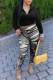 Black Sexy Print Patchwork Zipper Turndown Collar Long Sleeve Two Pieces