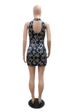 Black Fashion Sexy Print Patchwork See-through Turtleneck Sleeveless Dress