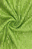 Green Sexy Solid Hollowed Out Sequins Patchwork Asymmetrical Spaghetti Strap One Step Skirt Dresses