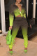 Green Casual Gradual Change Print Patchwork Buckle Turndown Collar Long Sleeve Two Pieces