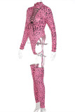 Pink Fashion Sexy Print Leopard Hollowed Out Frenulum O Neck Long Sleeve Two Pieces