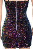 Black Sexy Solid Hollowed Out Sequins Split Joint Spaghetti Strap One Step Skirt Dresses