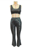 Black Sexy Casual Patchwork Sequins Vests Pants U Neck Sleeveless Two Pieces