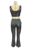 Black Sexy Casual Patchwork Sequins Vests Pants U Neck Sleeveless Two Pieces