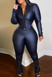 Black Sexy Solid Backless Turndown Collar Long Sleeve Two Pieces