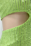Green Sexy Solid Hollowed Out Sequins Patchwork Asymmetrical Spaghetti Strap One Step Skirt Dresses