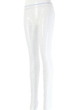 White Sexy Hollowed Out Patchwork See-through Rhinestone Regular Mid Waist Pencil Patchwork Bottoms