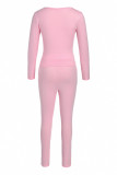Pink Fashion Casual Print Basic O Neck Long Sleeve Two Pieces