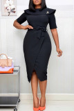 Black Casual Solid Patchwork Flounce Asymmetrical O Neck One Step Skirt Dresses