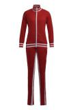 Red Casual Sportswear Solid Hollowed Out Patchwork Zipper Zipper Collar Long Sleeve Two Pieces