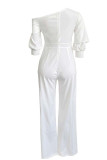 White Casual Solid Split Joint Oblique Collar Straight Jumpsuits